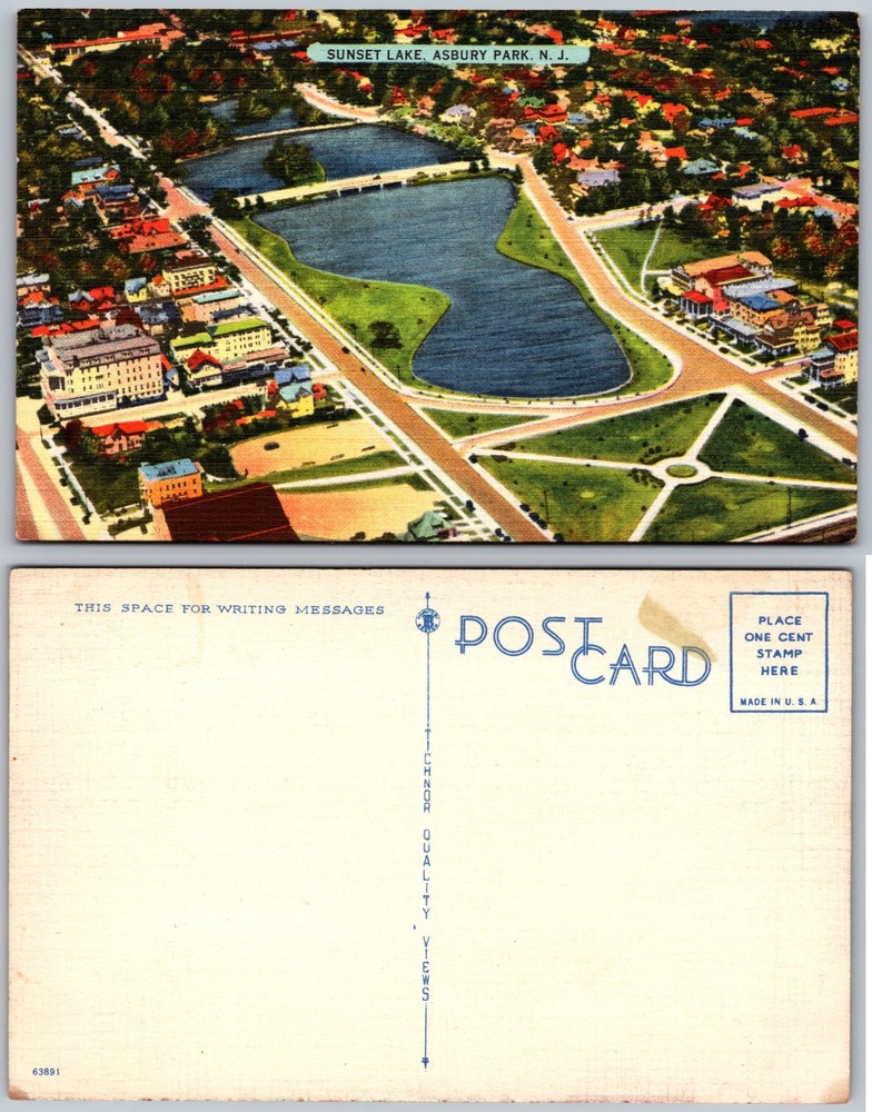 Sunset Lake Aerial View Asbury Park NJ Postcard