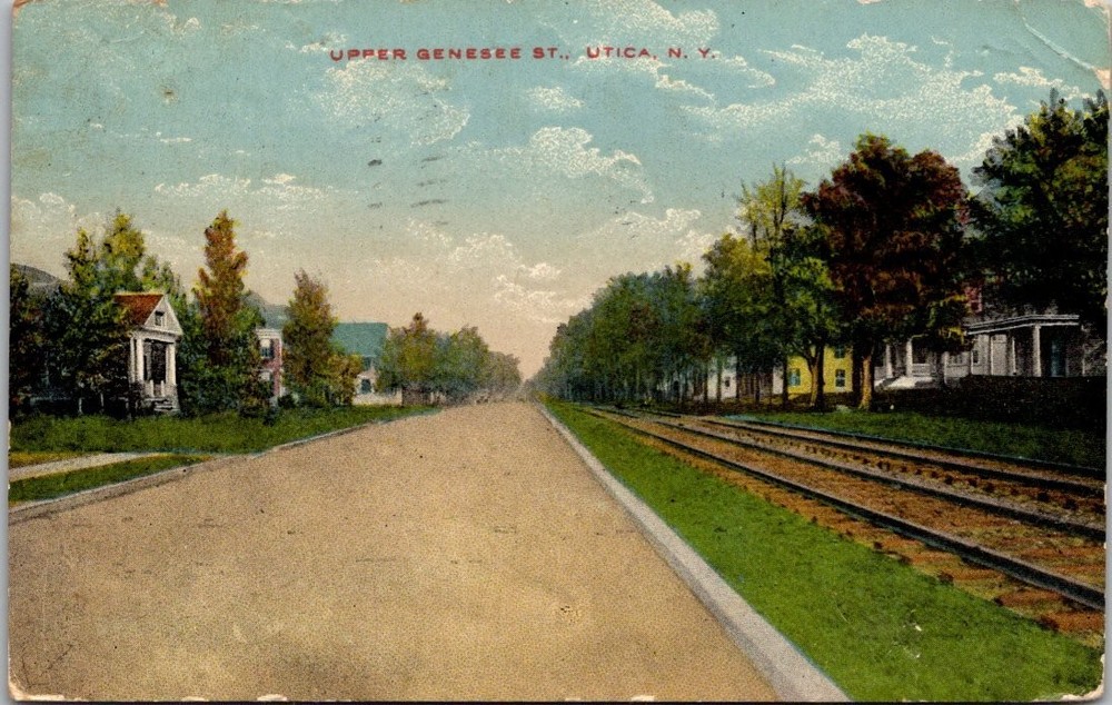 Upper Genesee St Utica NY 1913 Postcard Street View Trolley Tracks