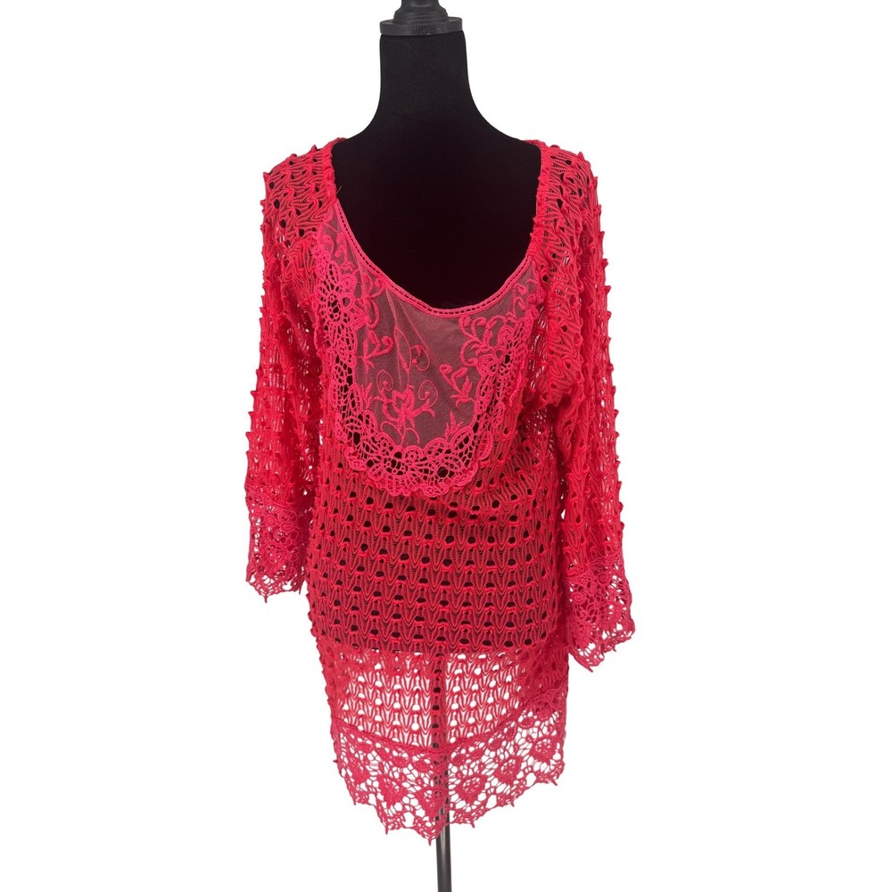 Umgee Crochet Tunic Women XL Coral Red Good Lace Back Embroidered Boho Top