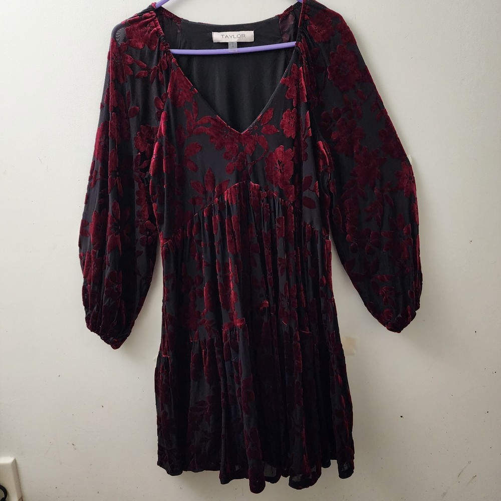 Taylor Black & Red Velvet Burnout Tiered Dress 16 Whimsigoth Witchy Dark Fairy