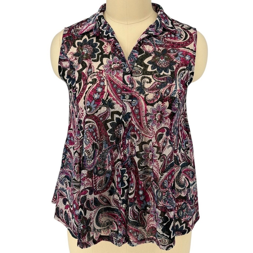 Avenue Sleeveless Blouse Pink Purple Paisley Floral Burnout Top 14/16