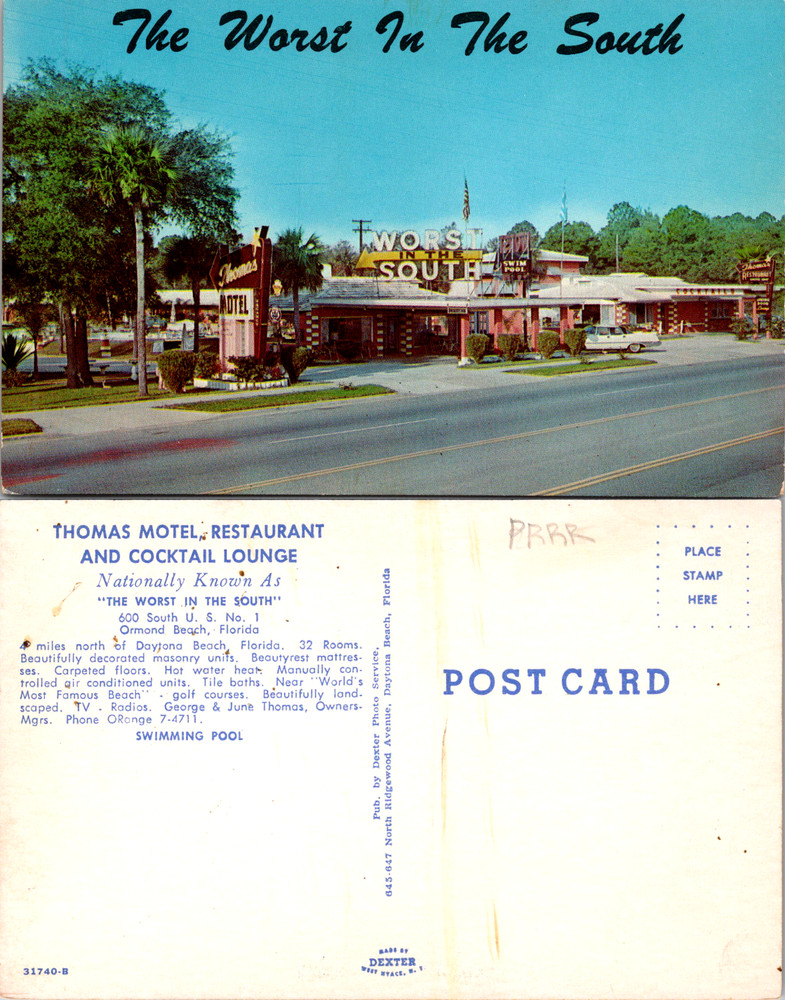 Vintage Postcard Thomas Motel Restaurant Cocktail Lounge Ormond Beach Florida FL