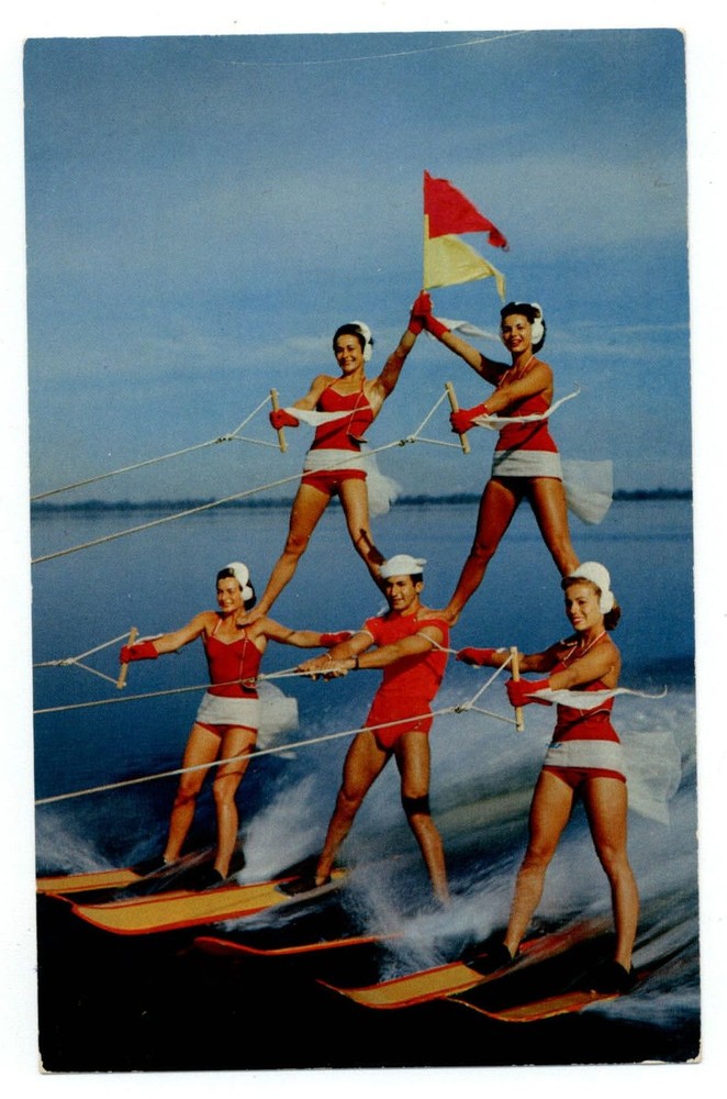 Cypress Gardens Florida trick water skiing pyramid 1950s swimsuits postcard