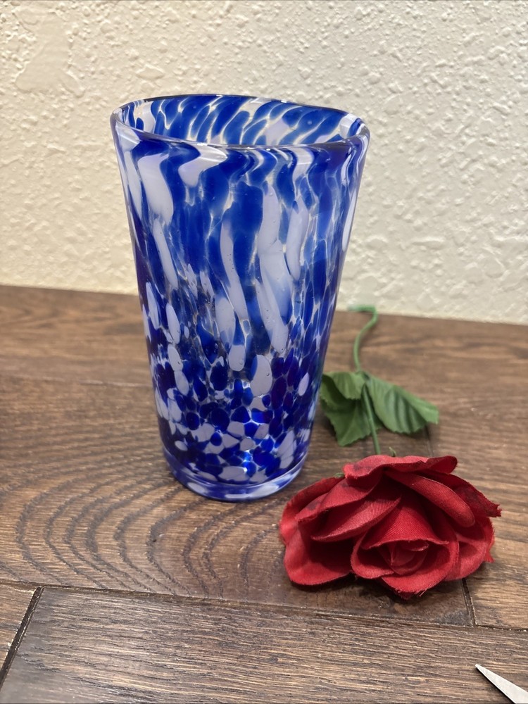 Vintage Handblown Cobalt Blue White Splatter Confetti  Art Glass Vase