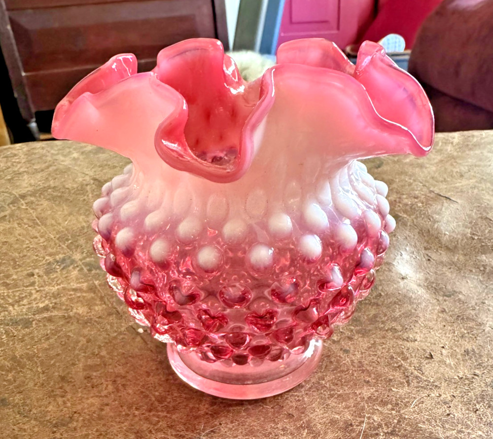 Vintage Fenton Glass Hobnail Cranberry Opalescent Vase Ruffled Edge 4 3/8