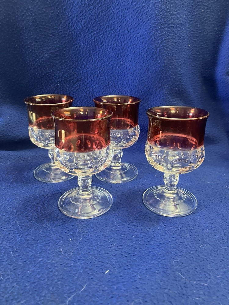 Qty 4 - Tiffin-Franciscan Ruby Ted Flash “Thumbprint” Cordials Glasses, 1950s