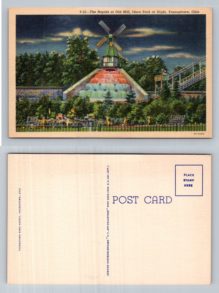 Youngstown, OH-Ohio, Rapids Old Mill Idora Park Night Windmill Vintage Postcard