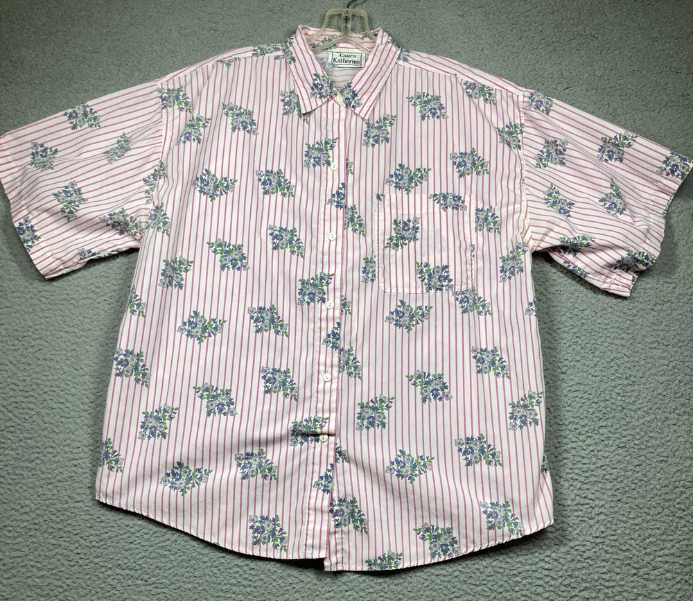 Vintage Laura Katherine Top Womens 22W Pink Stripe Floral Button Up Short Sleeve