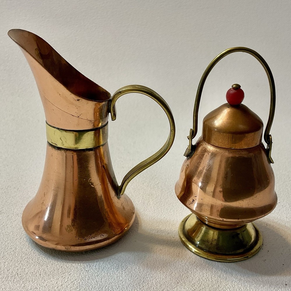 Vintage Dollhouse Mini Copper Brass Ewer Pitcher & Container w/Lid 1950s Japan