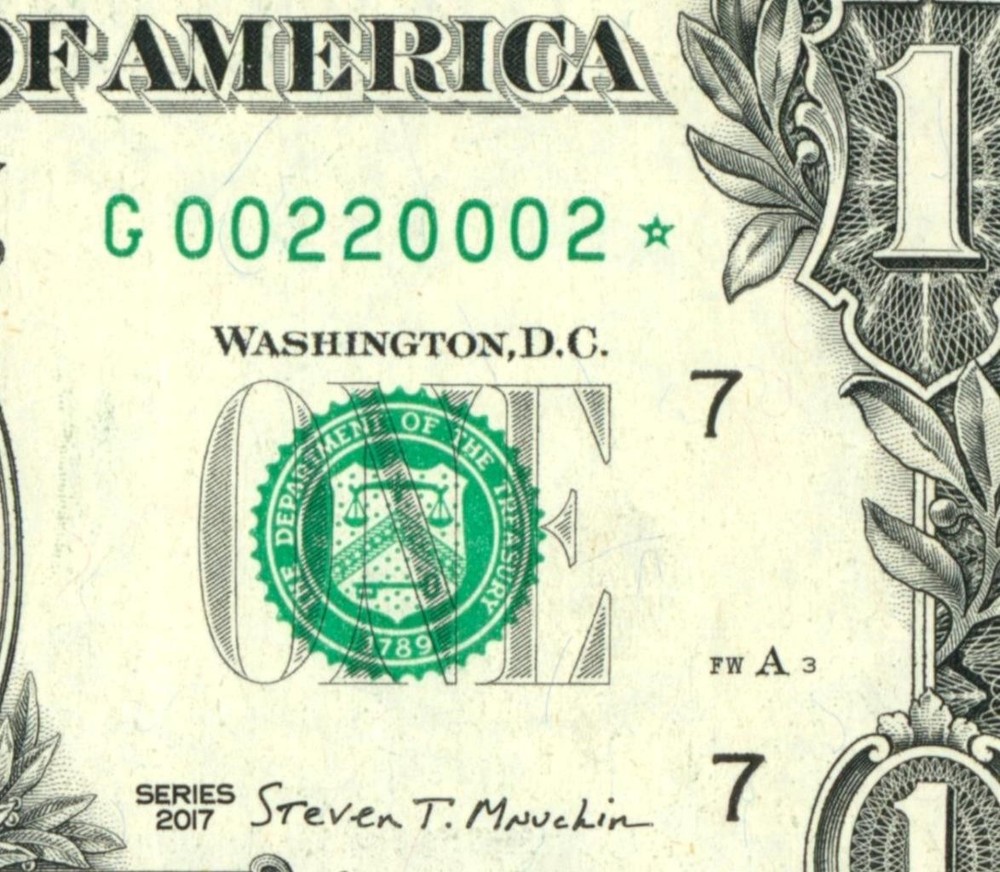 (( Star - Binary )) $1 2017 (( 00220002 )) Fancy Serial # ** Paper Currency