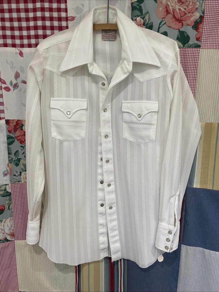 Vintage 60s H Bar C Ranch Wear Perm Press Western Pearl Snap Shirt in White