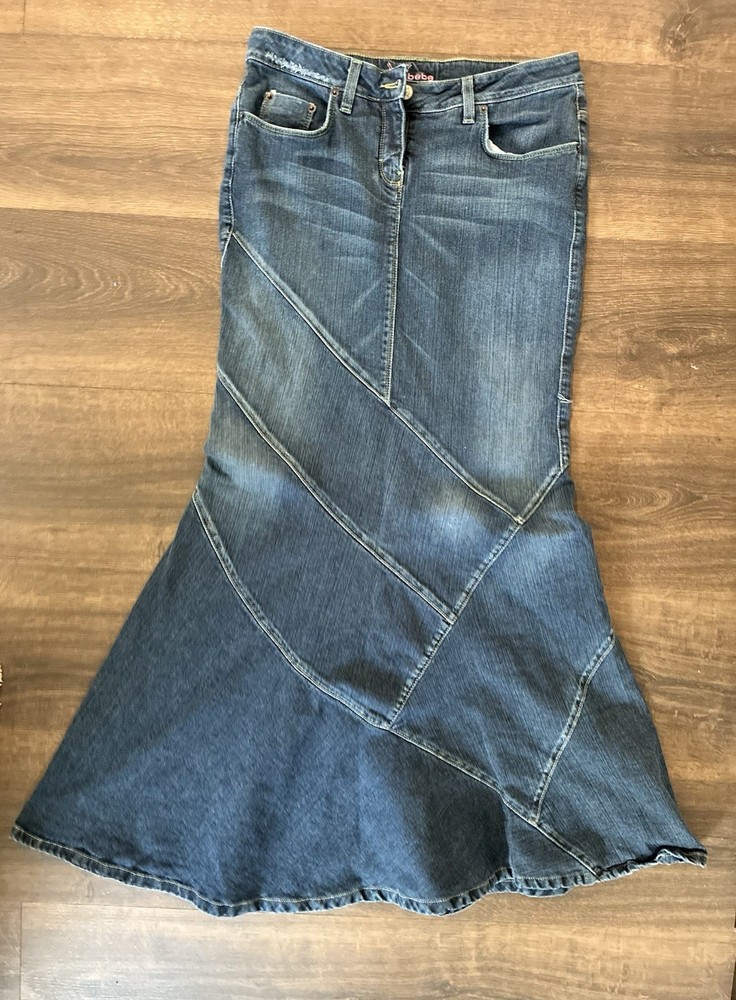 Vintage Y2K Bebe Jewel Pocket Denim Mermaid Maxi Skirt Blue Size 30 Western