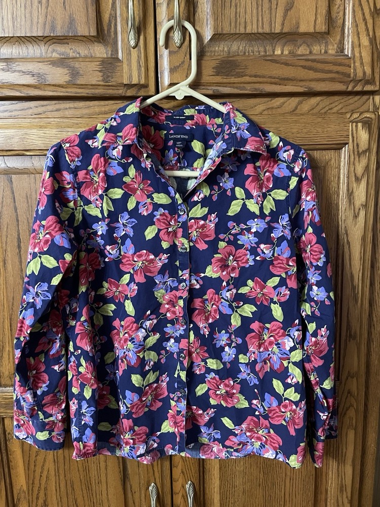 Lands End No Iron Supine Women’s Floral Button Up Long Sleeve Shirt, Size 12 P