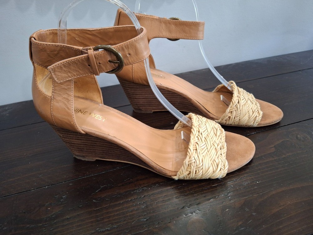 Nine West Rosling Brown Leather Open Toe Wedge Sandal/Pre-owned, Sz. 9M