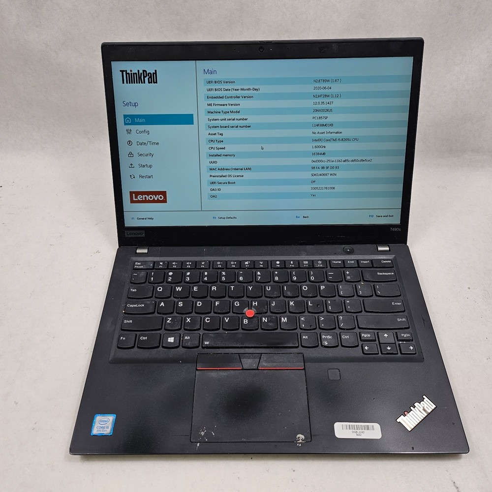 Lenovo T490s Laptop Intel Core i5-8265U 16GB RAM 512GB SSD No OS