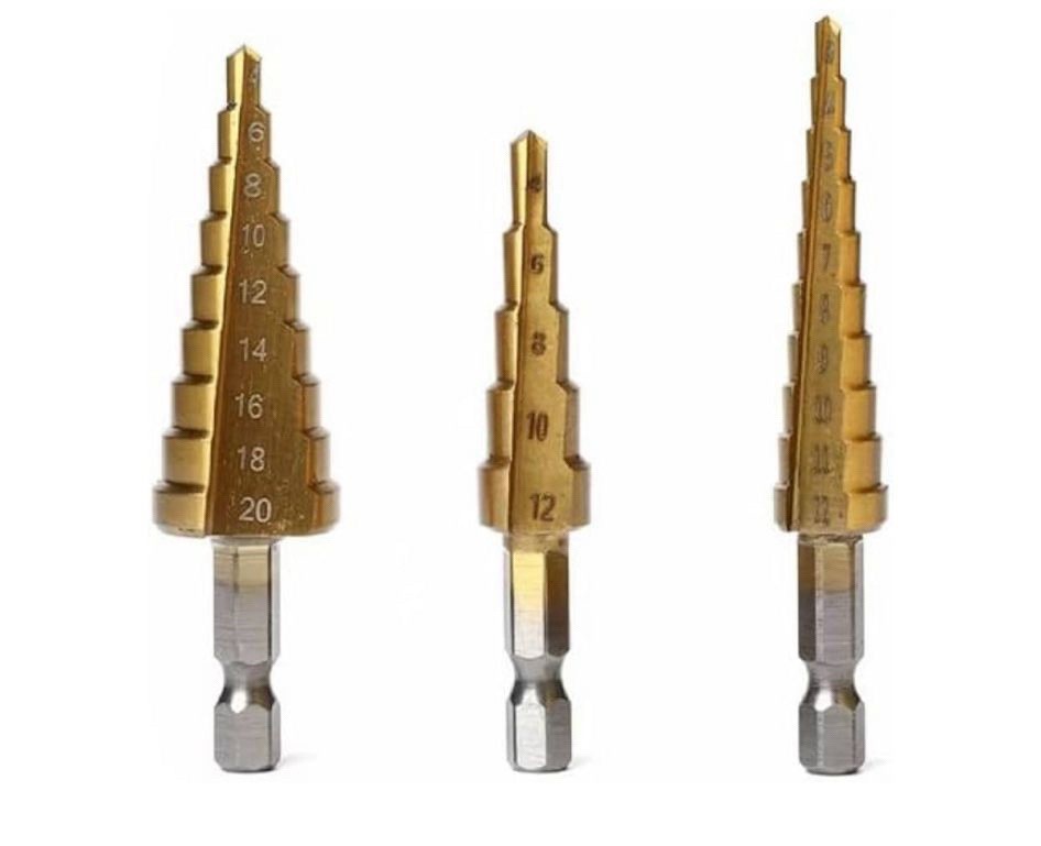 Step Drill Bit Set - Titanium Coated,High Speed Steel Drill Cone Bits,3-Piece