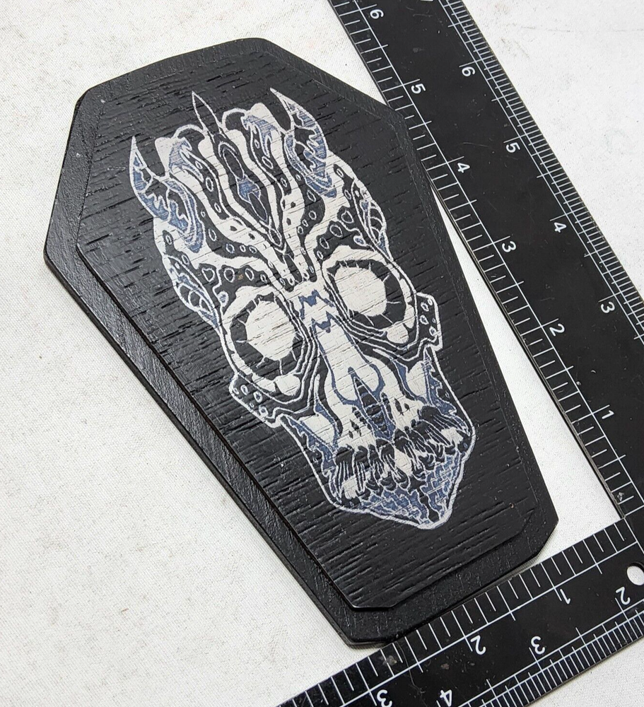 Laser cut etched monster skull coffin shaped wooden 3d digital wall art 4x6