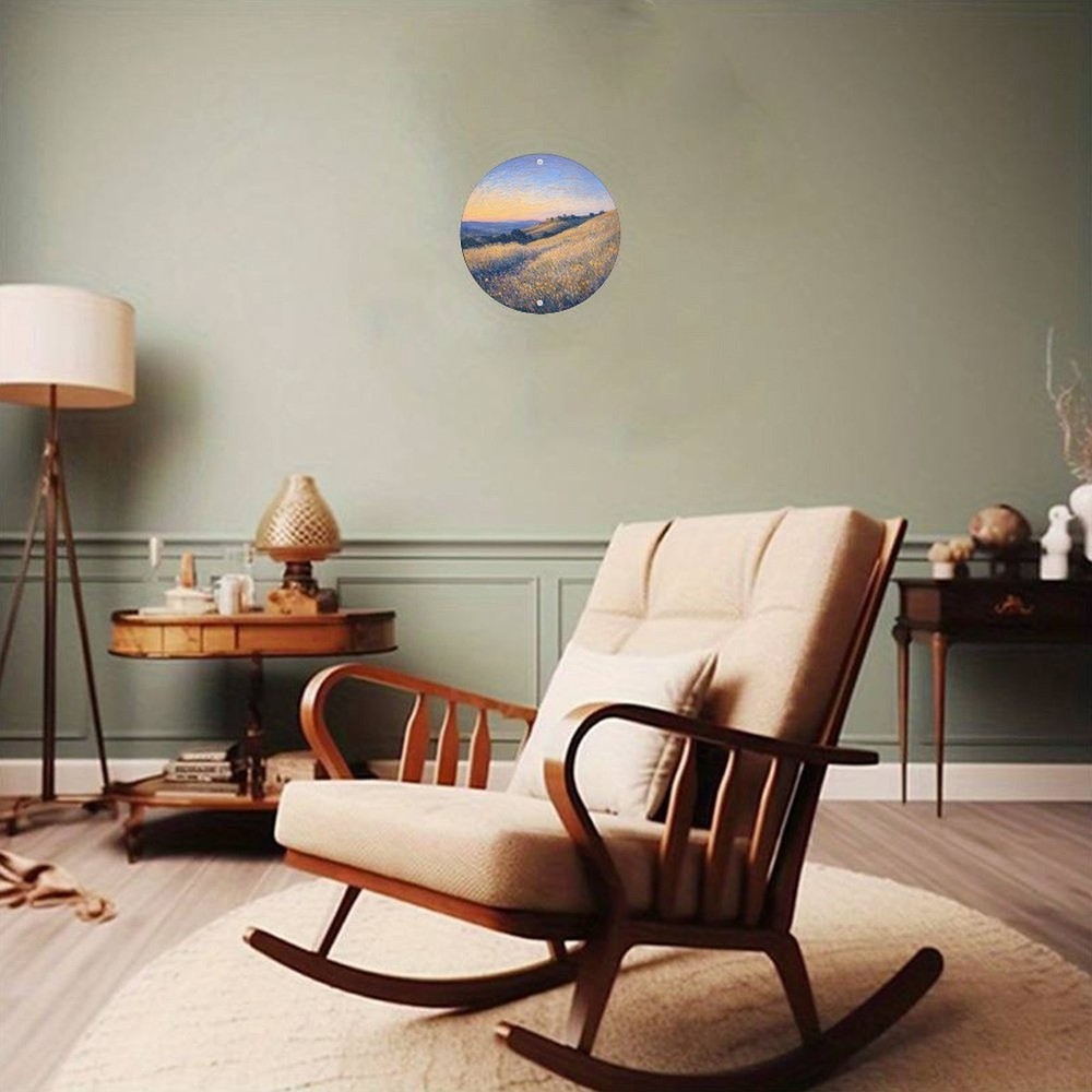 Farmhouse Sunset Landscape Round Aluminum Wall Art