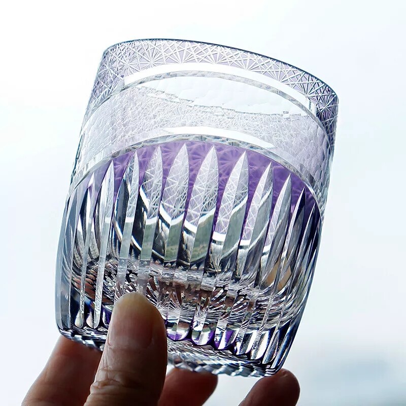 Luxury Edo Kiriko Glass Hand Cut Shiny Cased Crystal Glass 8oz Purple Gift Box*