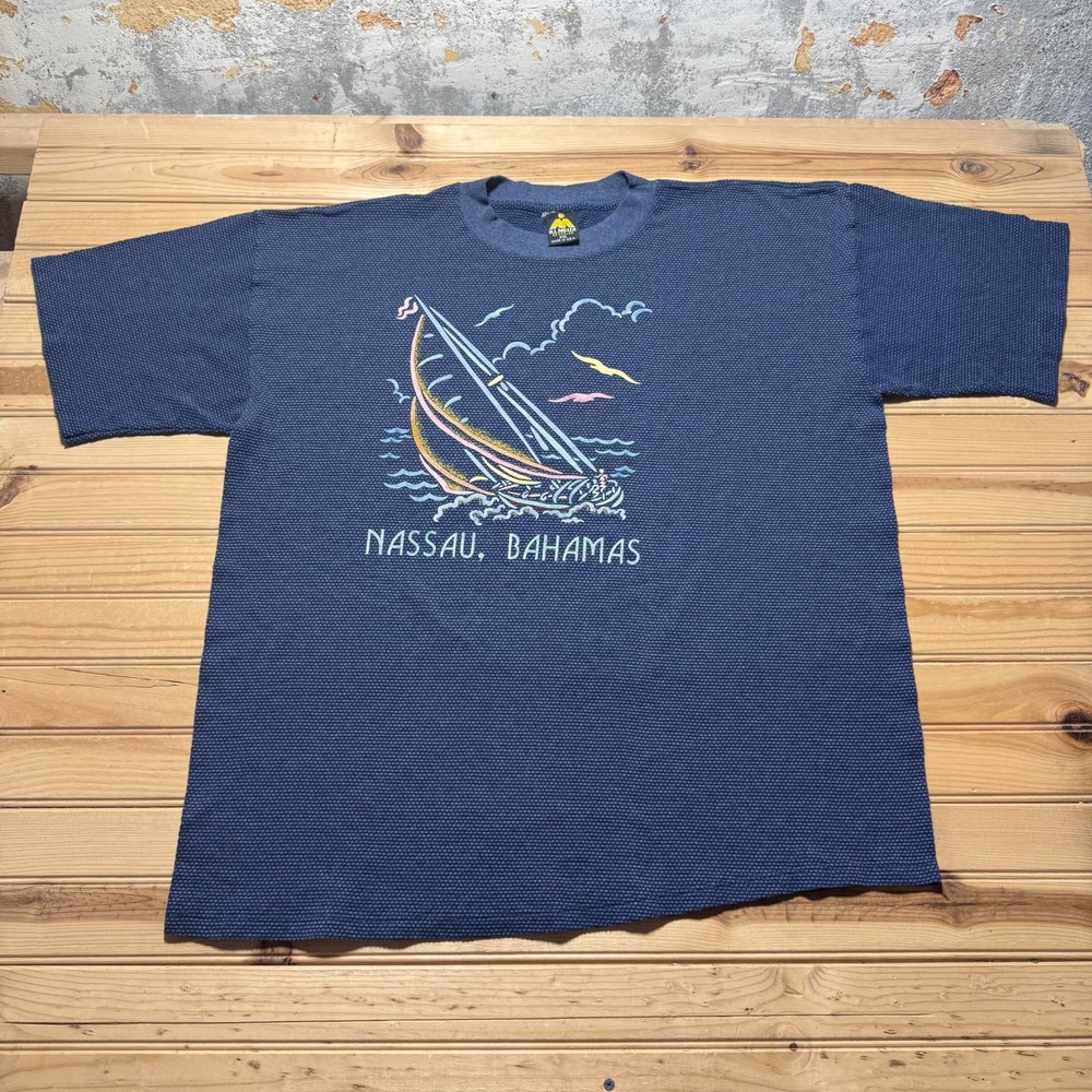 Vintage 90s Nassau Bahamas Sailboat Nautical Waffle Knit Graphic T-Shirt USA XXL