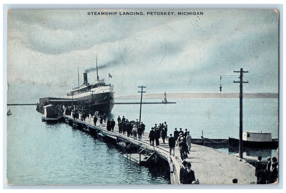 1917 Steamship Landing Harbor People Scene Petoskey Michigan MI Posted Postcard