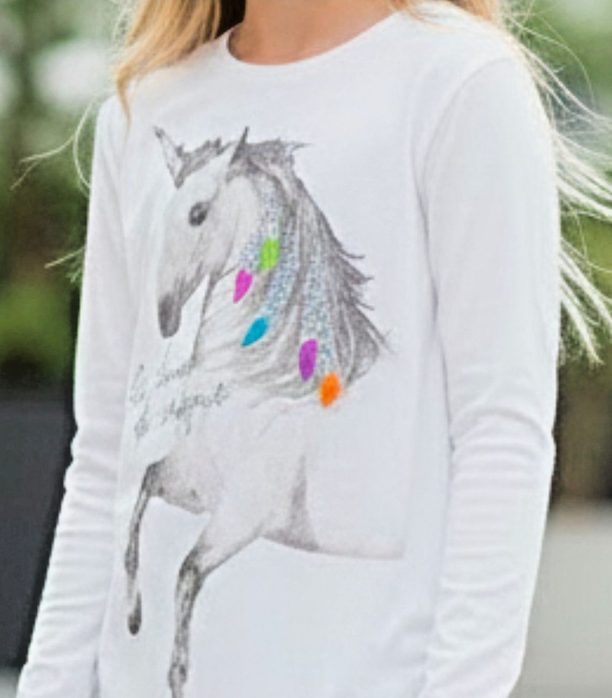 Girls XL Hanes Long-Sleeve White T-Shirt With Unicorn Graphic & Glitter Accents