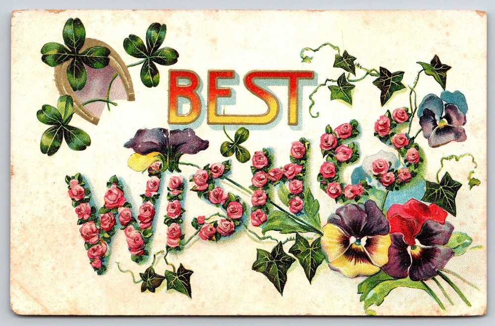 Greetings~Best Wishes~Pink Flowers~Gold Horseshoe~Vintage Postcard