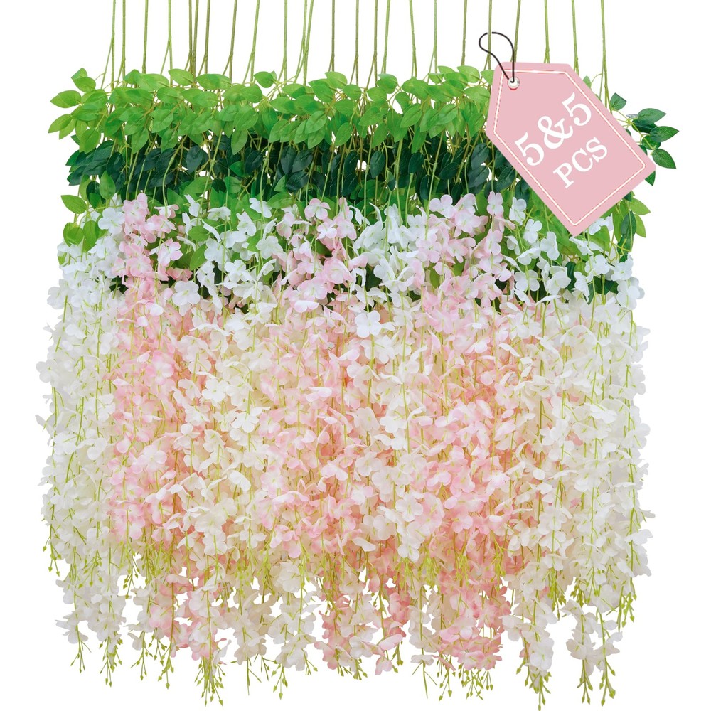 10Pcs White & Pink Fake Wisteria Hanging Flowers, 3.6Ft/Pcs Artificial Wister...