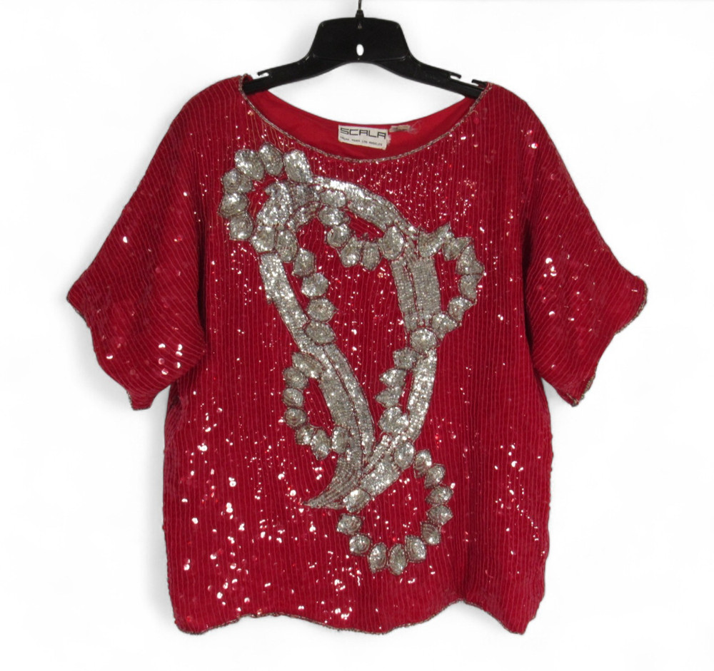 VTG SCALA Pure SILK Red SEQUIN Silver FLORAL DESIGN Evening Party BLOUSE/TOP M