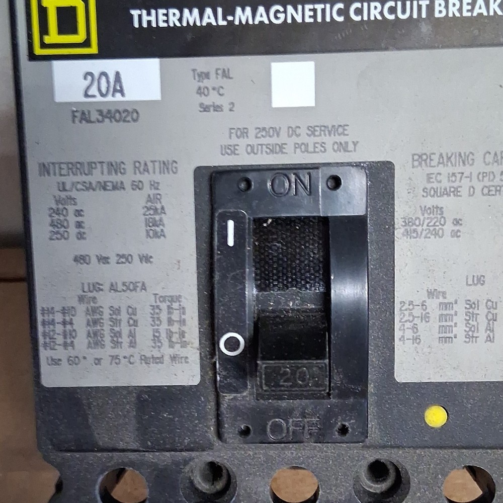 Square D FAL34020 20A 3-Pole Circuit Breaker 480V 250VDC Thermal