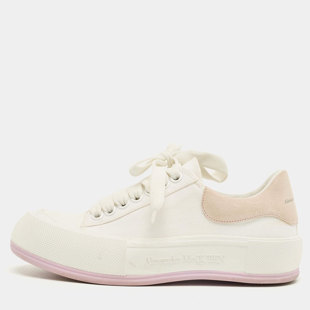 Alexander McQueen WhiteBeige Canvas and Suede Deck Plimsoll Lace Up Sneakers