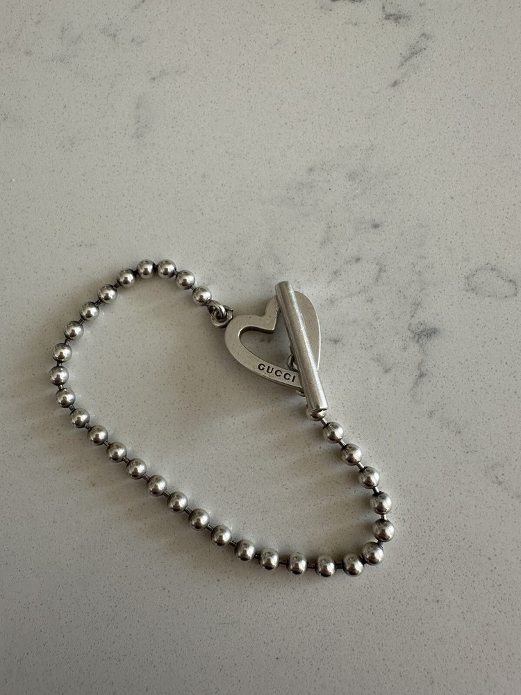 Authentic GUCCI Italy Sterling Silver Ball Chain Heart Toggle Bracelet