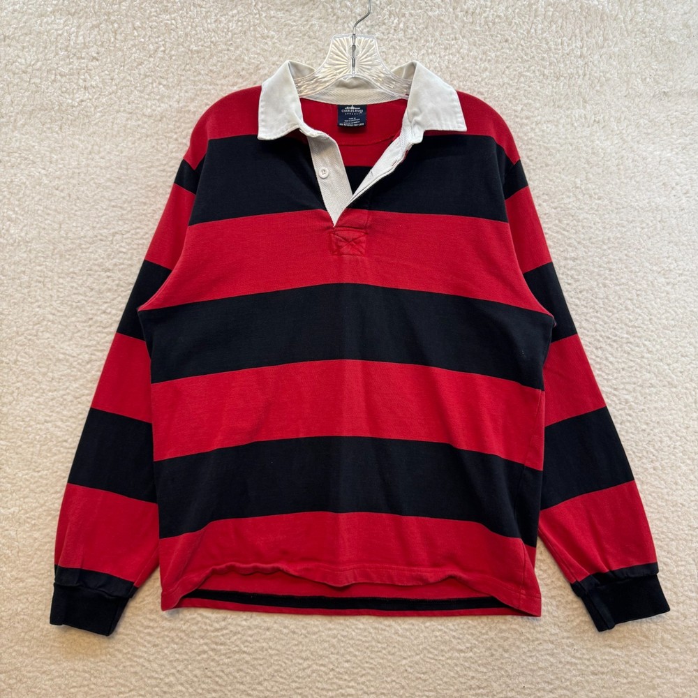 Y2K Vintage Rugby Polo Shirt Medium Large Red Black Striped Preppy Long Sleeve