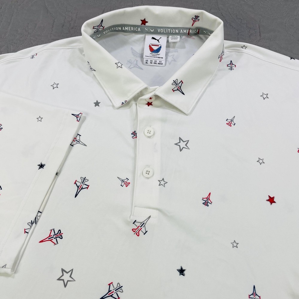 Puma Volition America Polo Shirt Mens XL White Golf Stars Jets All Over Print
