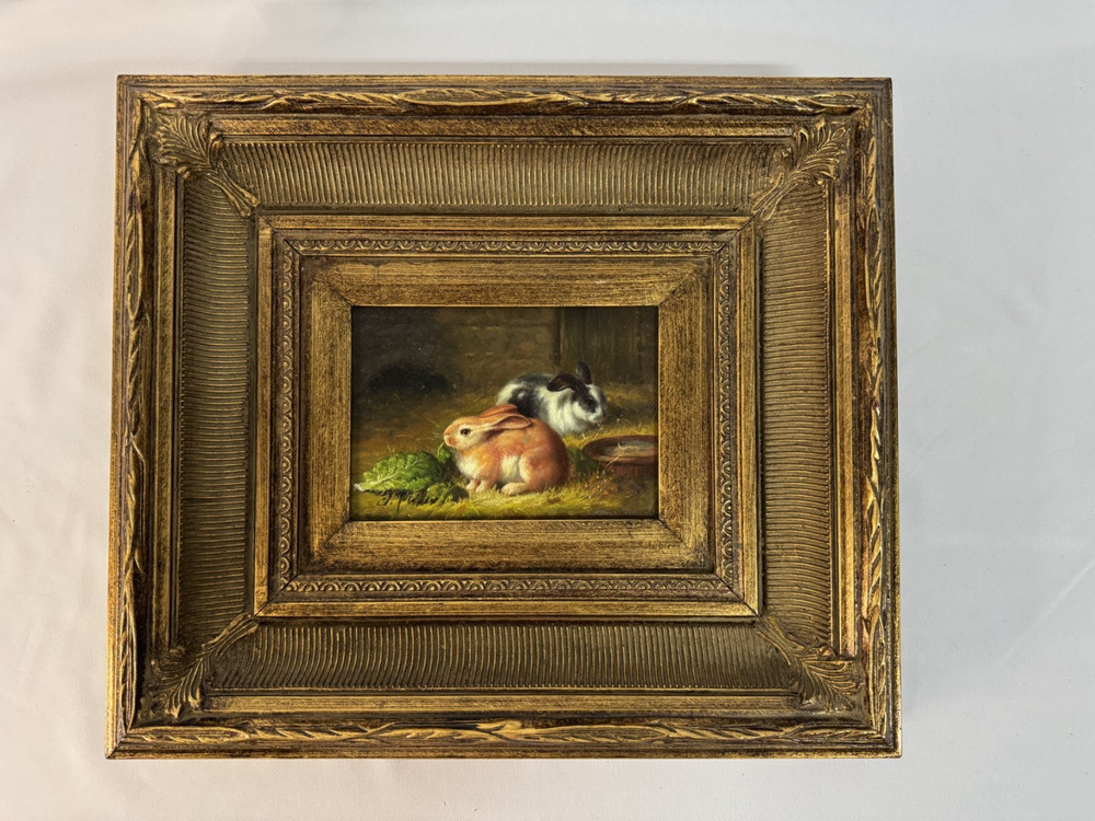 Gilded Framed Signed Medium Sized Oil Painting Bunny Rabbit's Antique Style chic