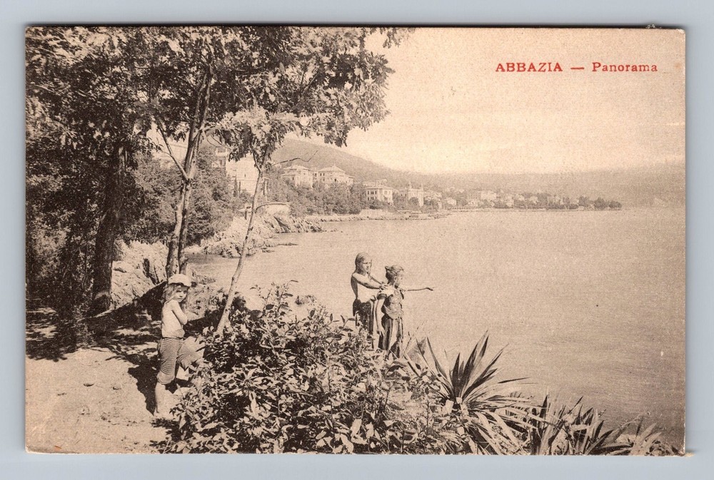 Croatia- Abbazia Panorama Kvarner Gulf Coastline Children Old Vintage Postcard