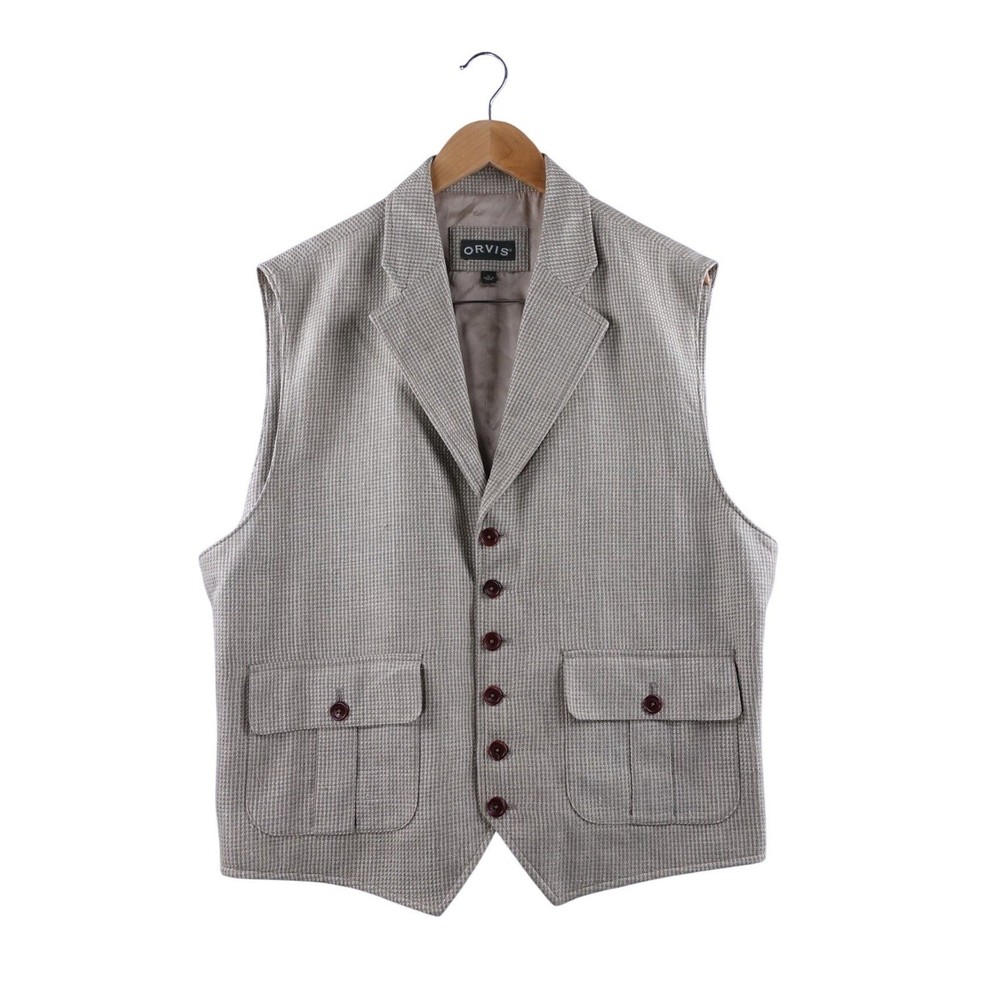 Orvis Men's Vest XL Tan Plaid Silk Blend Utility Pockets Adjustable Back