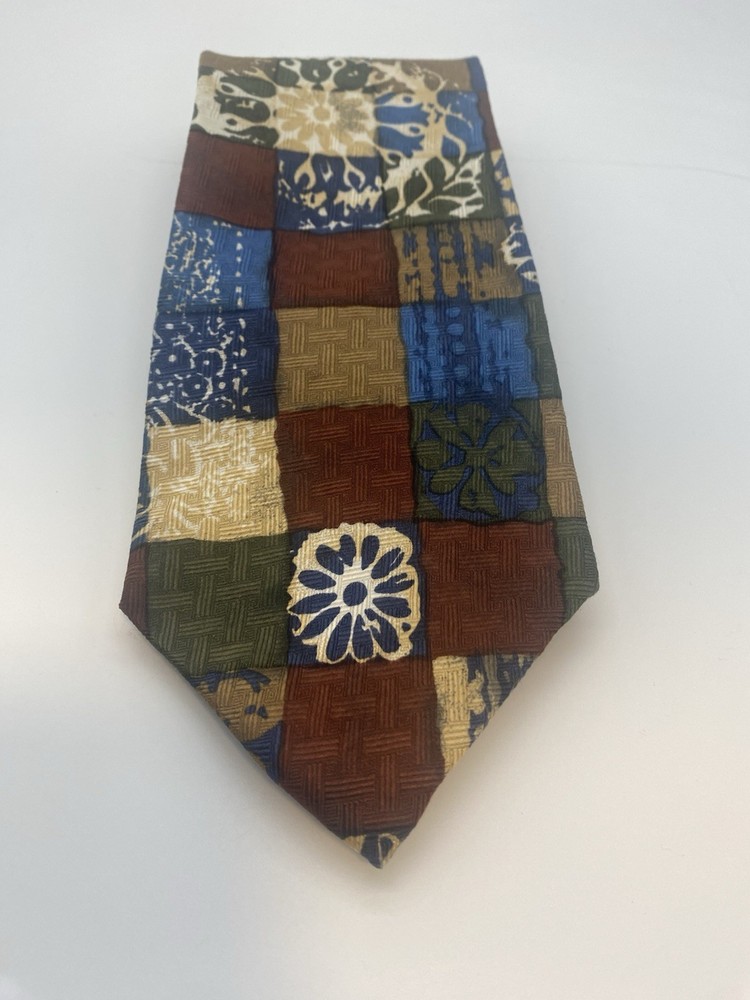 Structure Men's 100% Silk Tie Brown Blue Green Beige Geometric Woven Classic