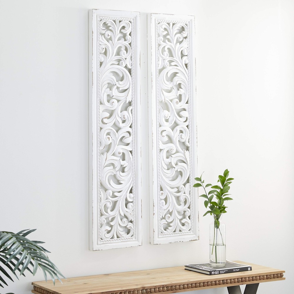 Wood Floral Home Wall Decor Intricately Carved Scroll Wall Sculpture, Set of ...