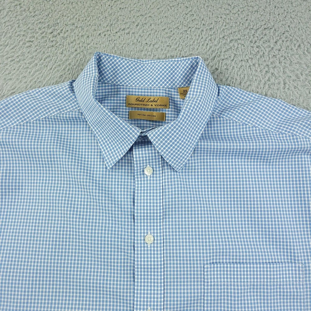 Gold Label Roundtree & Yorke Shirt Mens 2XL Blue Check Non Iron Short Sleeve