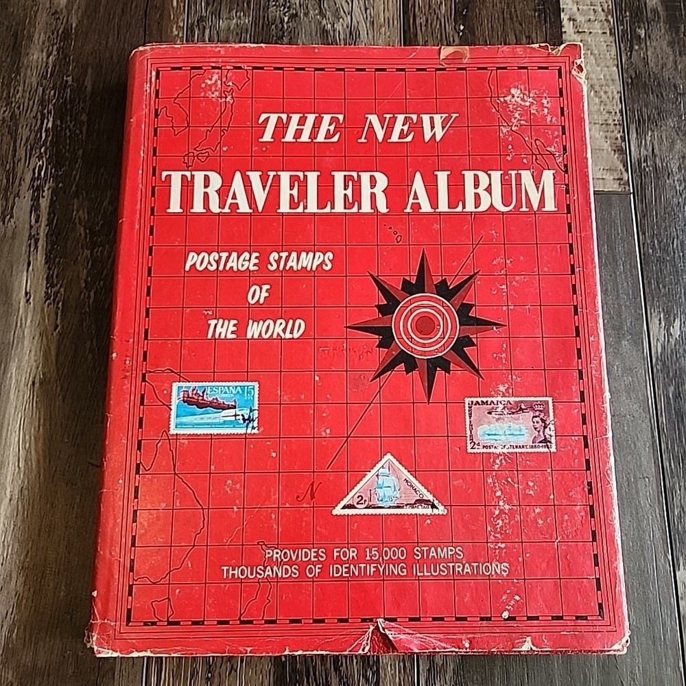The New Traveler 1961 Vintage Album Postage Stamps of the World, Partially Full
