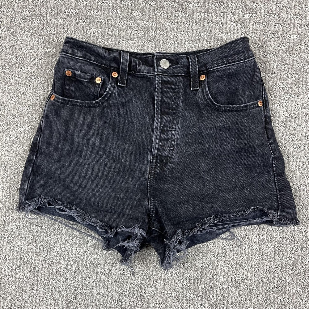 Levis Premium Ribcage Denim Shorts Womens 26 Black High Rise Button Fly Raw Hem