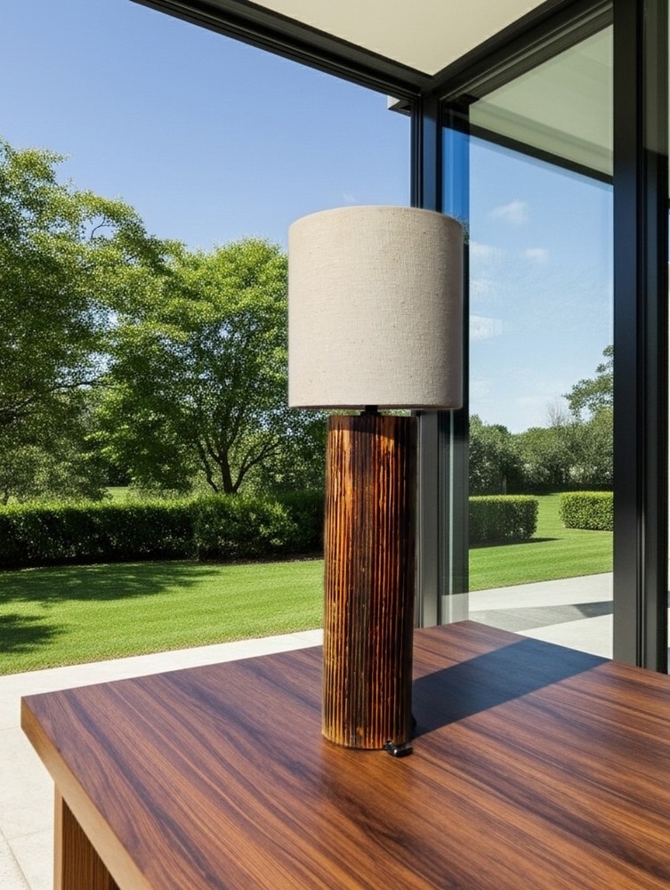 Modern Wood Table Lamp with Beige Cylinder Shade, Natural Finish, Fabric Shade