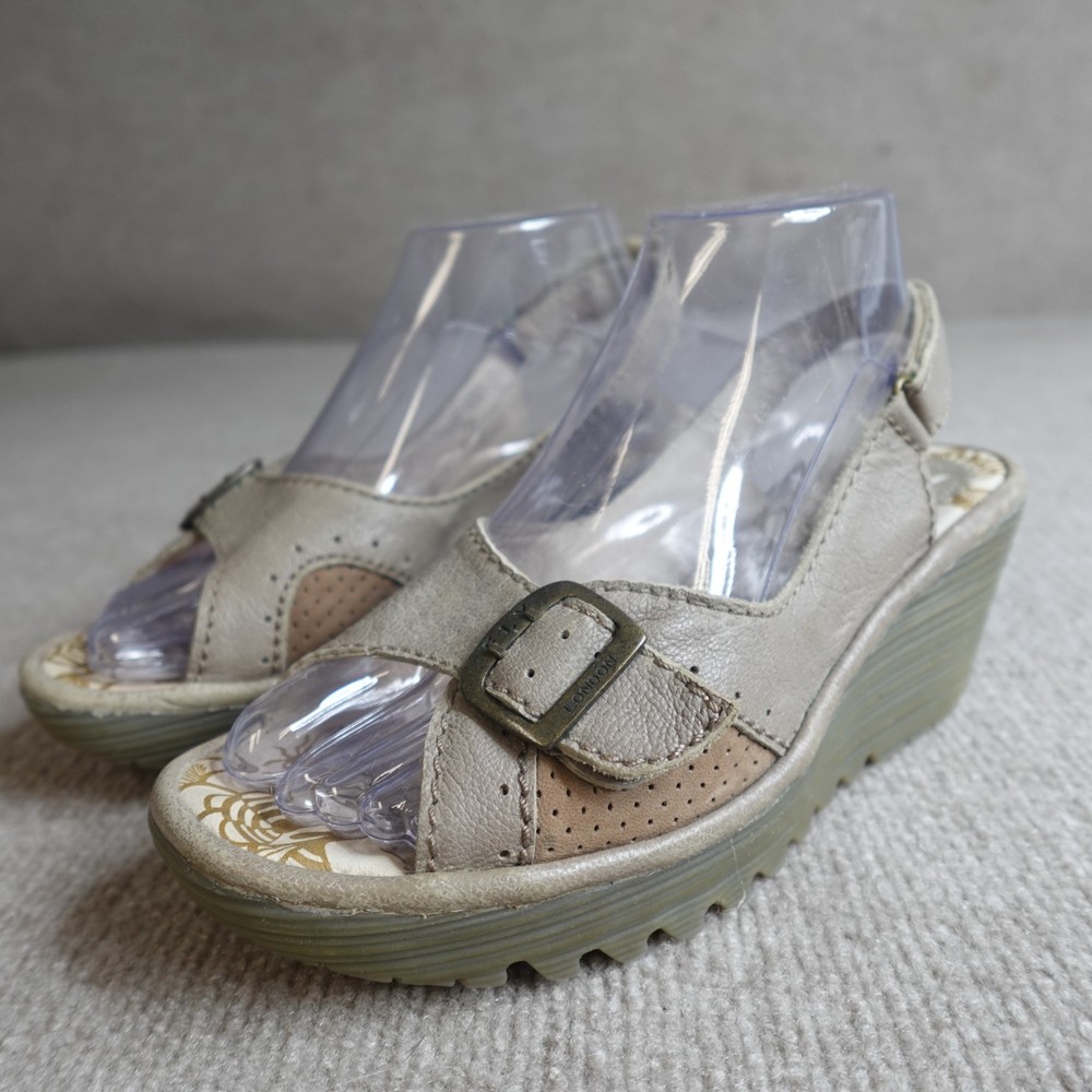 Fly London Women's Shoes 7.5 Beige Leather Slingback Wedge