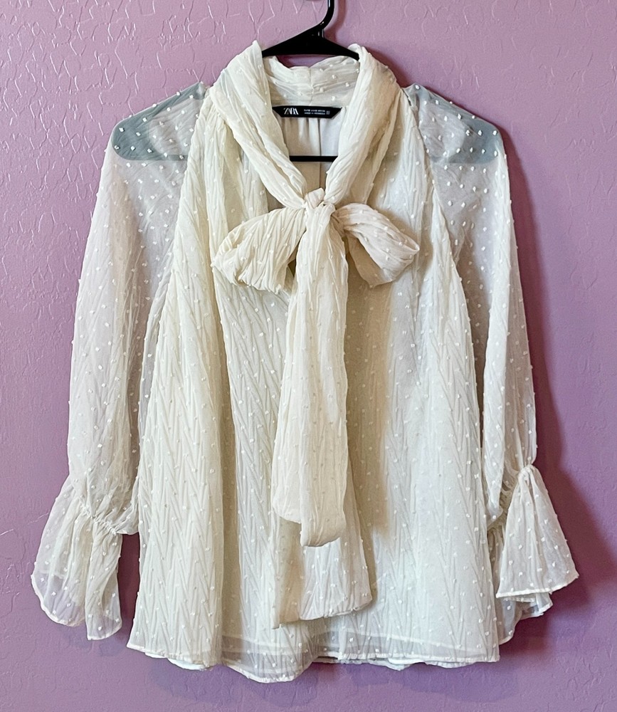 Zara Ivory Swiss Dot Embroidered Chiffon Bow Neck Tie Blouse Women's- S
