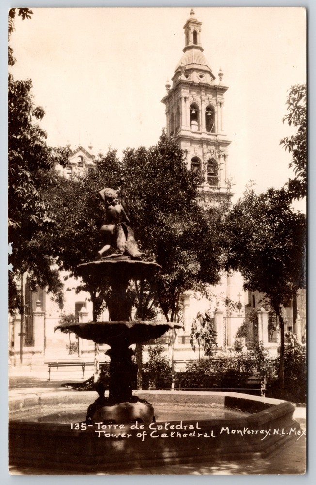 RPPC Mexico Monterey Tower of Cathedral and Fountain c1940 Real Photo Postcard