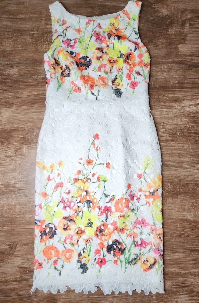 Badgley Mischka Floral White Lace Overlay Crochet Sheath Dress Bridal Shower 4