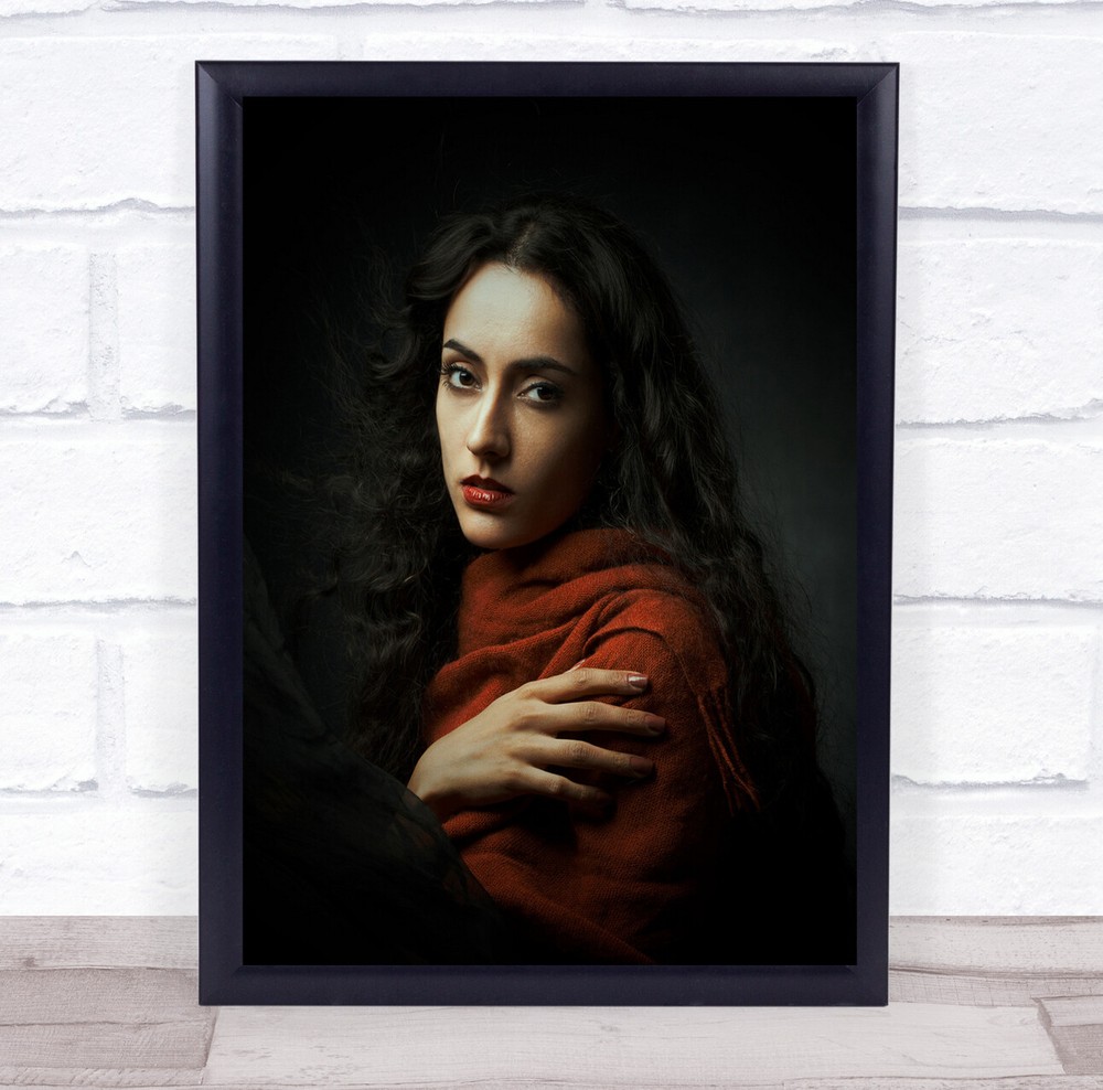 red jumper long black hair woman pose Wall Art Print