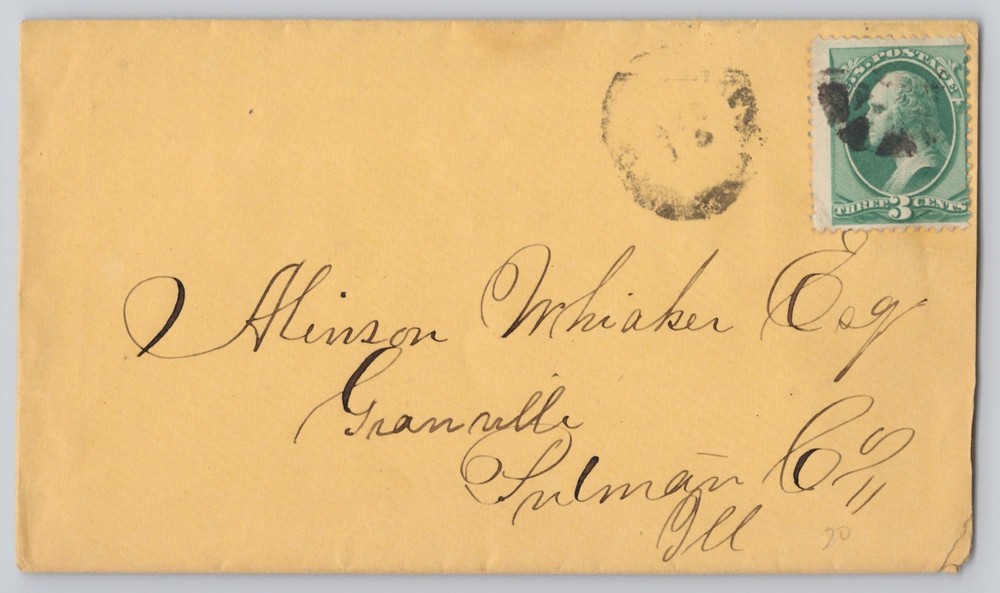 Envelope addressed to Alanson Whitaker, 3c Green Washington stamp, handwritten
