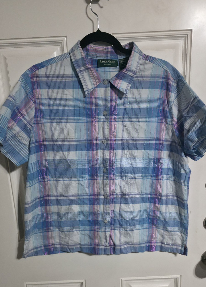 Lemon Grass Plaid Button Short Sleeve Collared Blouse Blue Pink White Women's XL